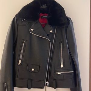 Zara Faux Fur Leather Jacket with Detachable Fur Collar